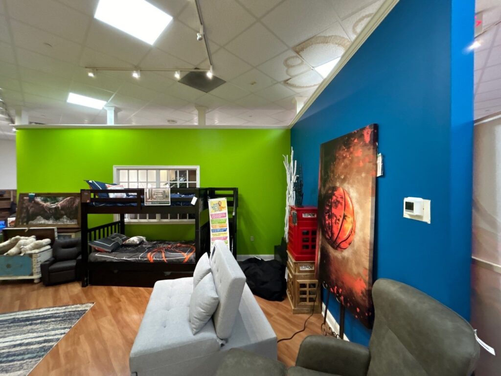 Furniture store interior walls vibrant blue and green