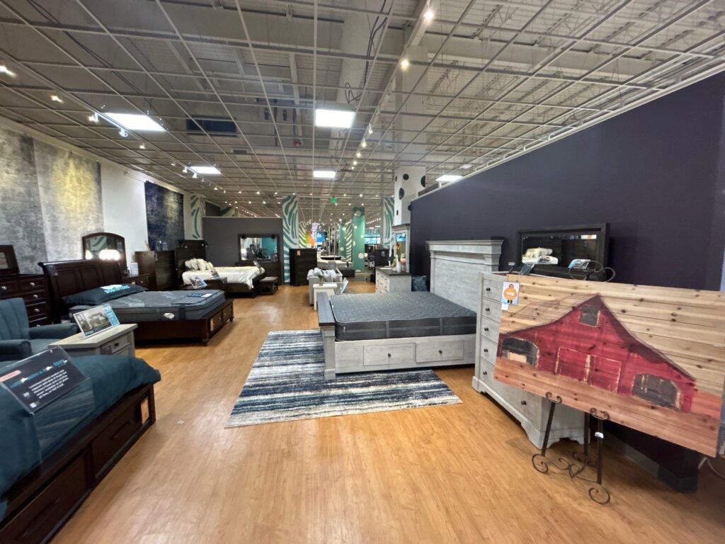 Furniture sales floor interior walls dark blue and grey