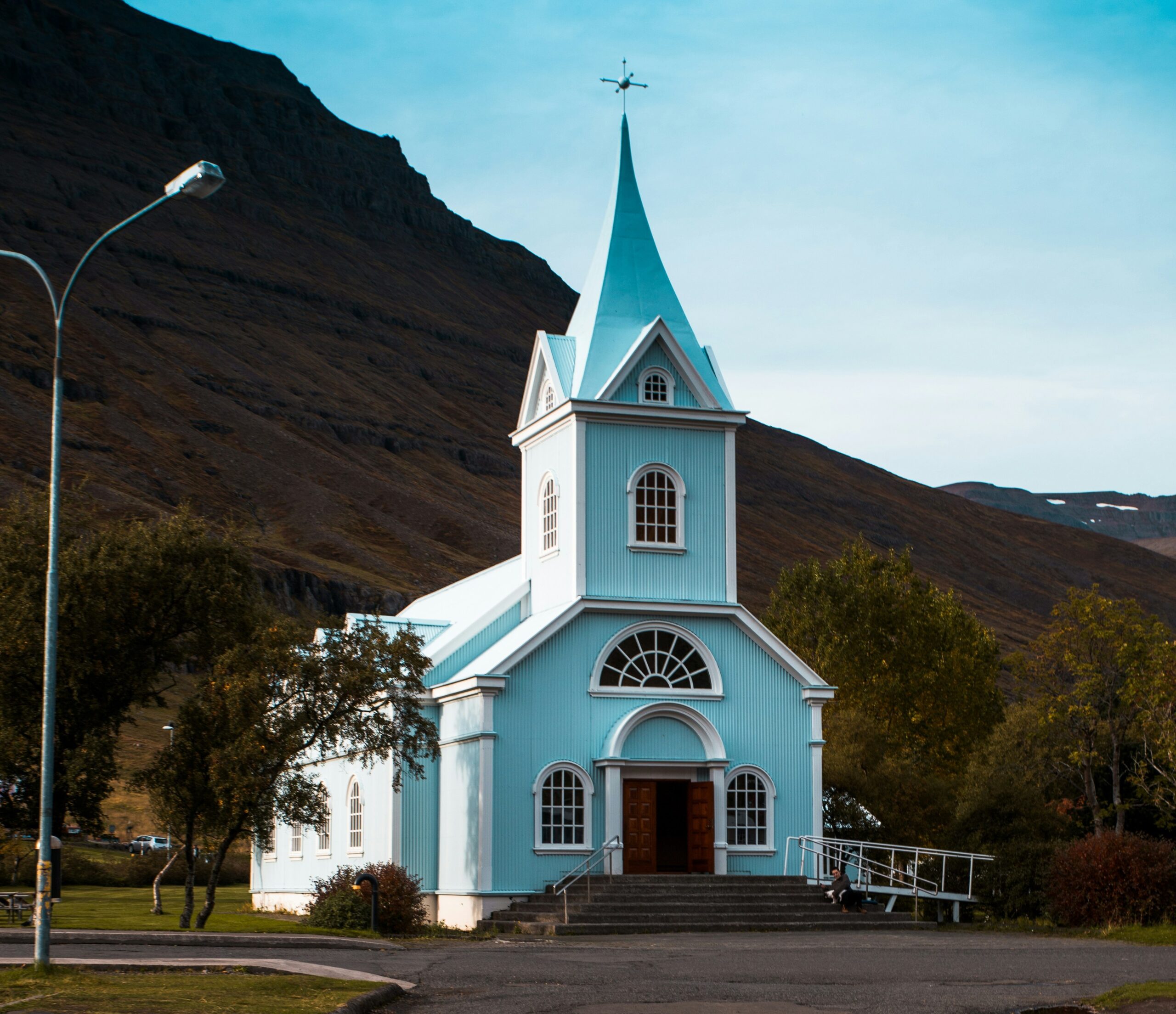 historic church painted light blue