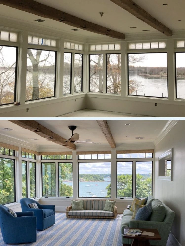 ArchCentral Two pictures of a living room with a view of a lake, transformed by the skilled Andover Commercial & Residential Painters of Arch Painting.